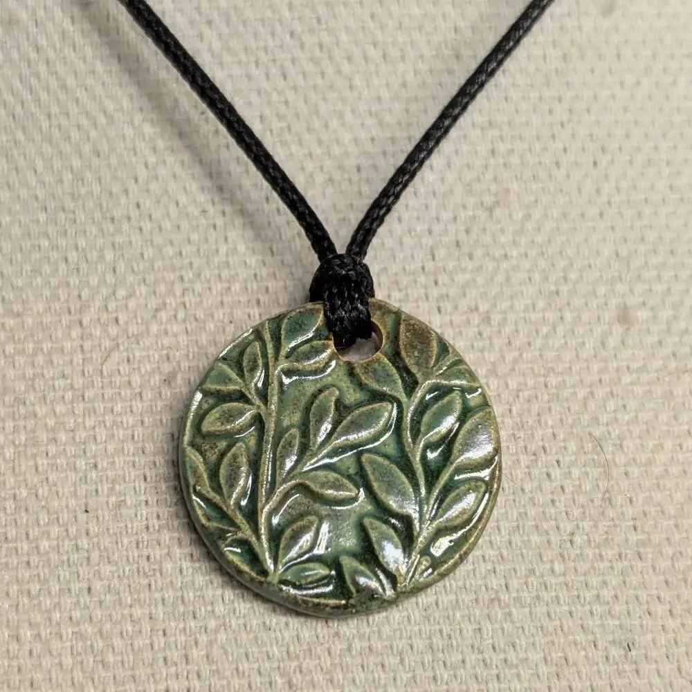 Leaf Botanical Handmade Pendant Ceramic Boho Hippie Adjustable Rope Cord Jewelry